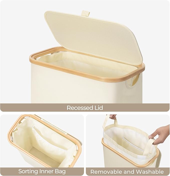 StorageWorks 60L Slim Laundry Hamper with Lid, Narrow Laundry Basket with Bamboo Handles and Inner Bag, Skinny Clothes Hamper for Laundry Room, Bathroom, Dorms, Conner, Beige