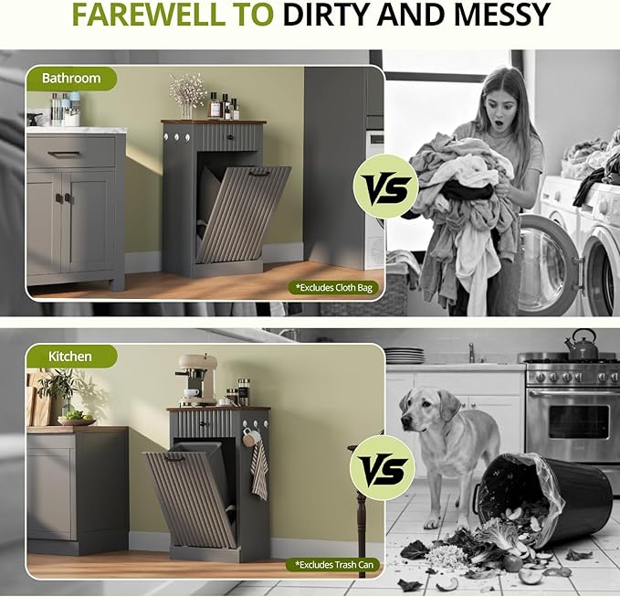 Tilt Out Trash Can Cabinet, 10 Gallon Fluted Laundry Hamper Cabinet with Drawers, Freestanding Wooden Hidden Garbage Can Cabinets for Kitchen, Living Room, Without Trash Bin or Laundry Hamper, Grey
