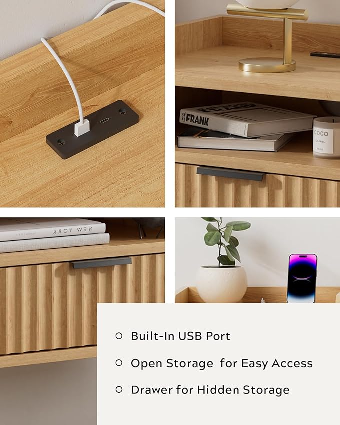 Fluted Floating Nightstands Set of 2 with Drawer, Modern Small Wall Mounted Storage Night Stand with Charging Station, Wood Bedside Table USB C & USB A Ports, Natural Oak