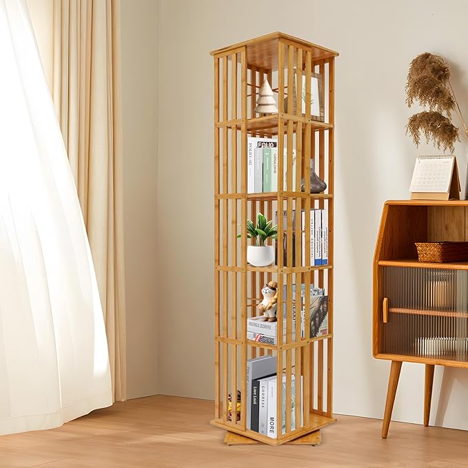 Rotating Bookshelf 5-Tier, 14.57x14.57x59.06in Floor Standing Book Storage Display Rack, Multi-Tiered Organizer for Books, Wood Color Rotatable Bookshelf for Study Rooms, Bedrooms, Living Rooms