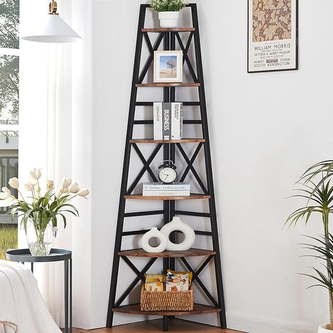 HOMBAZAAR 6 Tier Corner Shelf, 72 Inch Industrial Corner Bookshelf, Tall Ladder Bookcase with Metal Frame, Rustic Shelf Stand for Living Room, Bedroom, Office, Rustic Brown