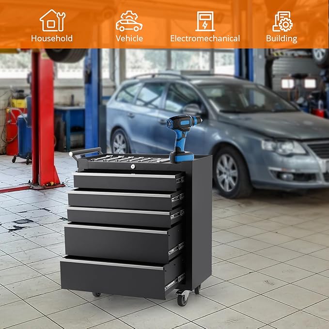 5-Drawer Rolling Tool Chest Organizer with Lockable Wheels, Heavy-Duty Storage Cabinet with Smooth Sliding Drawers, Protective Liner & Side Handle, Ideal for Garage, Workshop, Warehouse, Black