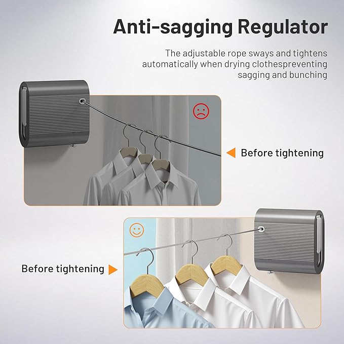 Retractable Clothesline Indoor Outdoor, Non-Sagging Clothes Line Retracting Heavy Duty Clothes Drying Laundry Line Wall Mounted Travel Clothesline Suitable for Balconies, Laundry Rooms, RVs