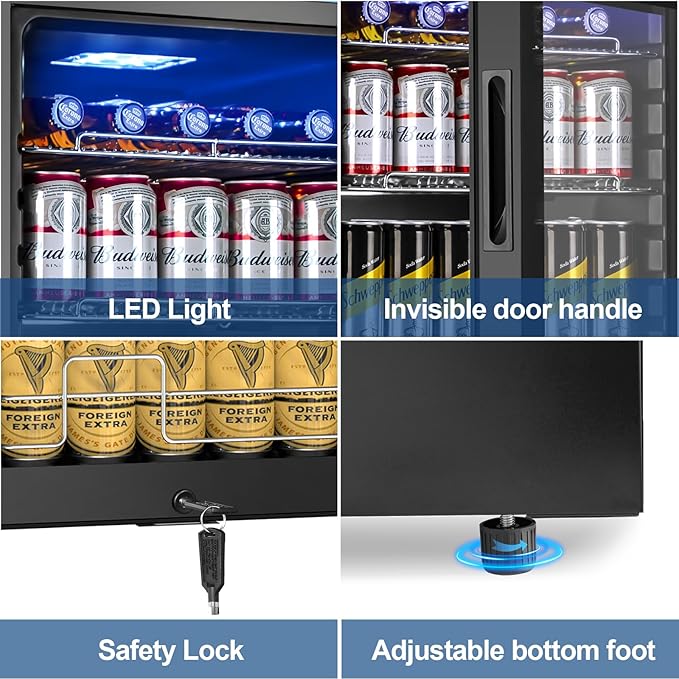 17 Inch Black Beverage Refrigerator- 126 Can Glass Door Beer Cooler with Temp Memory Freestanding Countertop Mini Fridge for Soda, Beer, Drinks Compact Drink Cooler for Home, Bar, Office
