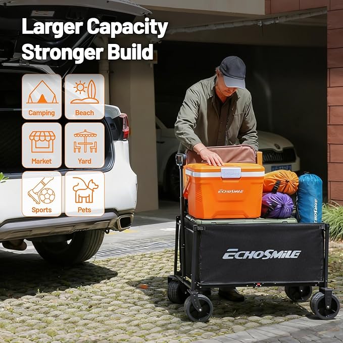 EchoSmile Collapsible Wagon Cart for Camping & Beach - Heavy Duty 400lbs Capacity All-Terrain Cart with Wide Wheels, Portable Folding Utility Wagon for Grocery, Garden, Sports,Black