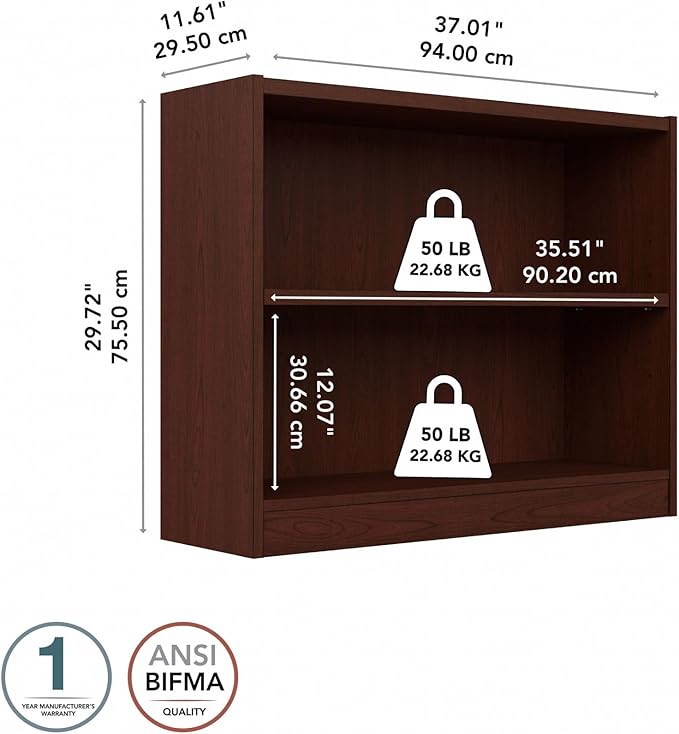 Bush Furniture Universal Small 2 Shelf Bookcase in Vogue Cherry, Low Storage and Display Bookshelf for Home Office or Living Room Organization