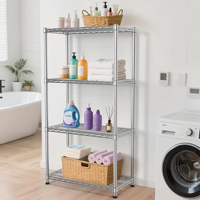 Metal Shelving Unit 4 Tier Storage Shelves Rack Metal Shelf Adjustable Wire Shelving Units Storage Shelving Heavy-Duty 2200 LBS rganizer for Pantry Garage Laundry Bathroom Kitchen Closet Utility Room