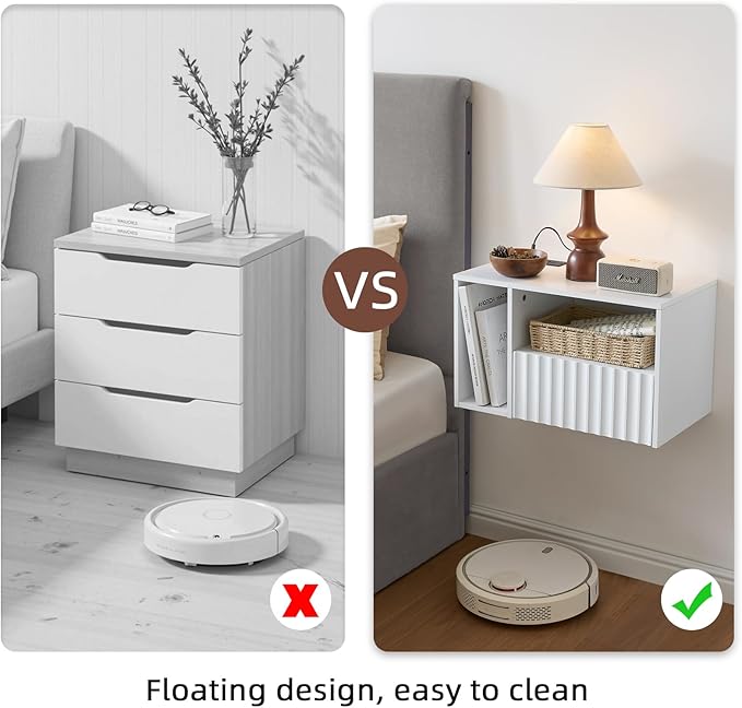 Modern Matte White Fluted Floating Nightstand with Charging Station, NightStand with Drawers, Bedside with USB Ports and Outlets, Bedroom Furniture(Left)