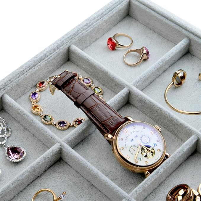 Oirlv Velvet Stackable Jewelry Display Trays 12 Grids Rings Earrings Bracelet Organizer Storage Tray(13.8"x1.29"x9.4")