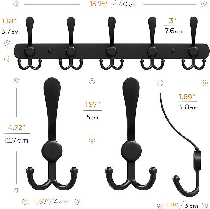 Coat Rack Wall Mount with 5 Tri Hooks, Stainless Steel 16 Inch – Black Matte Finish, Heavy Duty Wall Mounted Hook Rack for Coats, Hats, Towels, Scarves, Robes, Bags, Entryway & Bathroom - 2 Pack