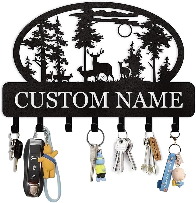Personalized Key Holder for Wall, Custom Metal Deer Cabin Key Hooks with Name, Metal Key Holder Hooks Organizer Rack, Key Hanger Decor for Kitchen, Entryway, Hallway, Office, Doorway