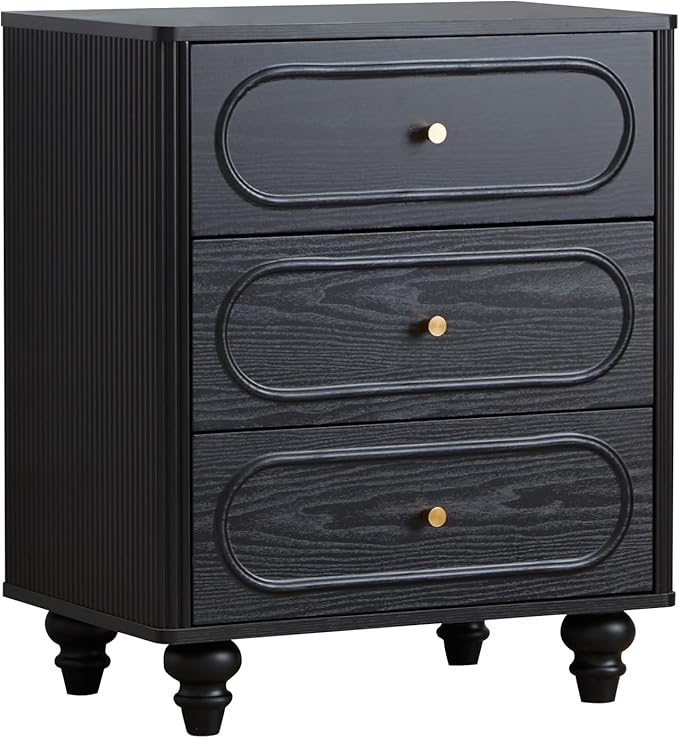 ORRD 3 Drawer Fluted Dresser for Bedroom Set of 2, Mid Century Modern Chest of Drawers, Wood Storage Small Dresser Organizer for Bedroom Living Room Hallway Closet, Black