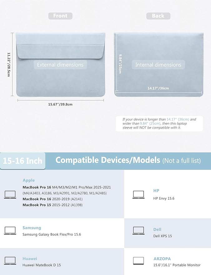 HYZUO 15-16 Inch Laptop Sleeve Bag with Adjustable Stand Feature for MacBook Pro 16 M4/M3/M2/M1 2025-2019, XPS 15, MacBook Pro 15 2015-2012, Case with Pouch, Pale Blue