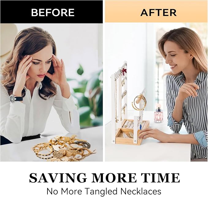 DreamGenius Jewelry Organizer Stand with Velvet Ring Holder, 4 Tier Jewelry Holder Organizer with 11 Hooks for Necklaces and 132 Holes for Earrings, White