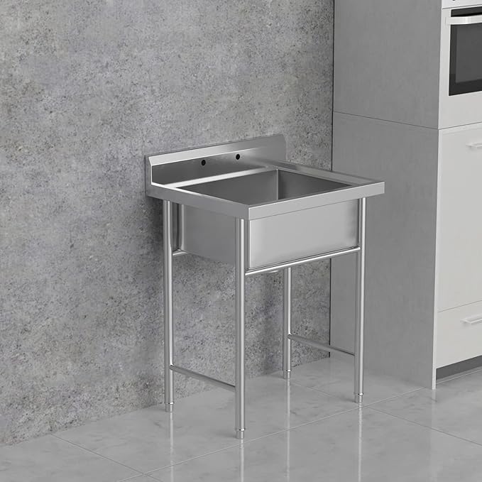 VINGLI Upgraded 28" Free Standing 304 Stainless Steel Utility Sinks for Laundry Room with Backsplash, Industrial Garage Sink Commercial Sink for Restaurant, Workshop – 28" W x 24" D x 40.2" H
