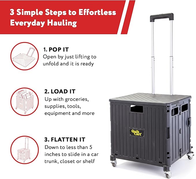dbest products Quik Cart 360 Rolling Crate with Wheels - Collapsible Utility Cart for Teachers & Home - Heavy Duty Folding Cart with Seat - 80 lb Capacity - Black