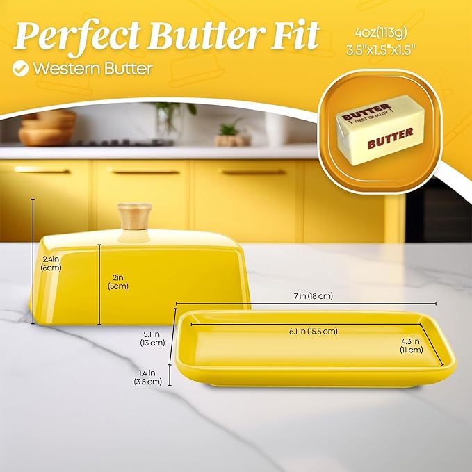 Flexzion Ceramic Yellow European Butter Dish with Lid for Countertop (7 Inch) - Wide 2 Stick Double Butter Holder for Counter, Cream Cheese Container Storage Keeper