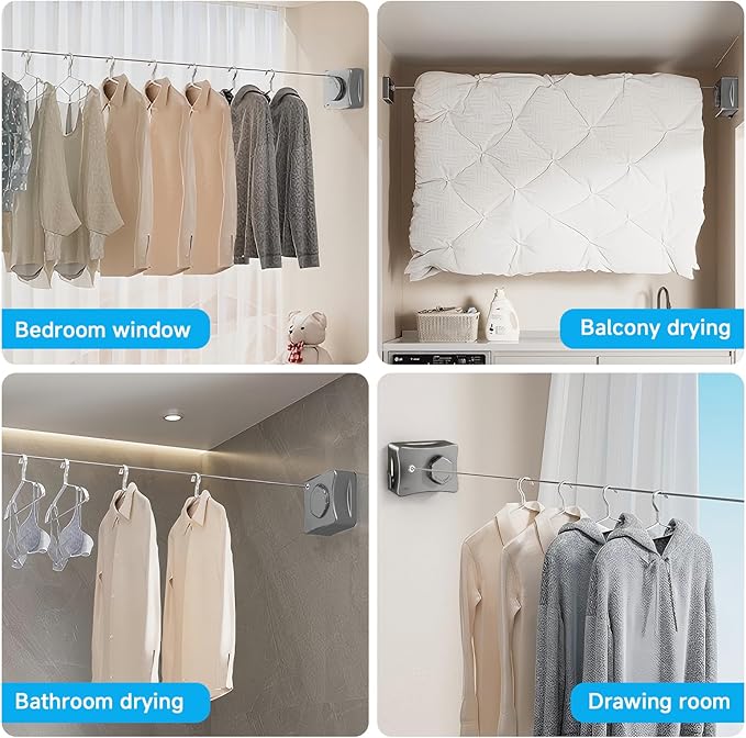 Retractable Outdoor Clothes Line,Heavy Duty Clothes Drying Laundry Line Wall Mounted Stainless Steel Line-16.7 Feets-Grey