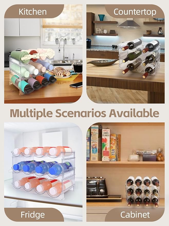 Water Bottle Organizer - 3 Pack Clear Stackable Bottle Storage Rack and Wine Rack for Stanley Yeti Bottle and Other Tumbler Organizer for Kitchen Cabinets, 3 Tier Hold 12
