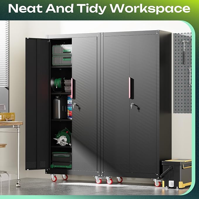 71" H Garage Storage Cabinet with Wheels,Metal Cabinets with 4 Adjustable Shelves and 2 Locking Doors for Garage,Home,Office,Shop,Black