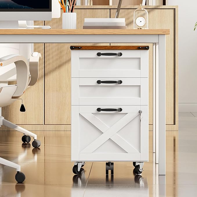 HOOBRO 3 Drawer File Cabinet with Lock, Mobile Farmhouse Filing Cabinet for A4/Letter Size, Under Desk Rolling Office Cabinet, Printer Stand with Storage for Home Office, White and Walnut WH67WJ01
