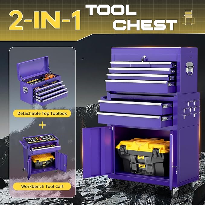 8-Drawer Rolling Tool Chest with Lock, Detachable Tool Cabinet Cart with Wheels, High-Capacity Mechanic Tool Organizer for Garage Workshop Warehouse Storage(Purple)