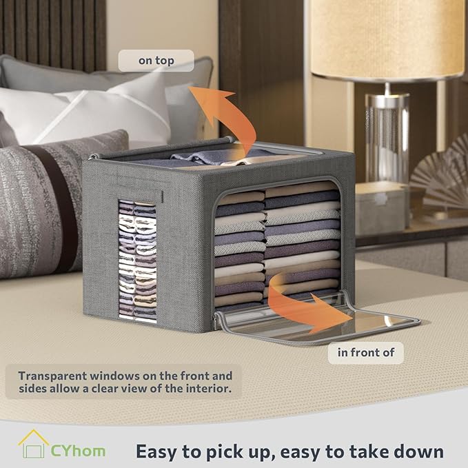 CYhom 3Pack Foldable Storage Bins - Frame Storage Box Linen Fabric Stackable Clothes Container Organizer with Clear Window & Carry Handles Large Capacity (Extra Large-100L, Dark Gray)
