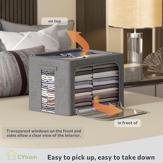 CYhom Clothes Storage Bins Box - Linen Fabric Foldable Stackable Container Organizer Set with Clear Window & Carry Handles & Metal Frame (Dark Gray, Medium-36L)