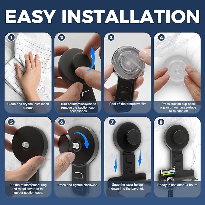 Suction Cup Razor Holder for Shower Wall 2 Pack,Heavy-Duty 15lbs Suction Hooks for Razor,Towel,Phone,Loofah, Removable Damage-Free Metal Shower Hook,Shaver Holder(Black)
