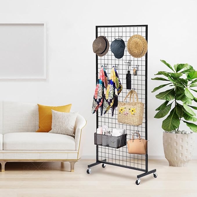 Eastern Tree Grid Wall Panels, Gridwall Panels Stand with T-Base, Black Wire Grid Wall Panel Display with Wheels, Craft Fair Display Rack, Retail Display, 2 Packs 2.5'x 6', Extra More 20 Pieces Hooks