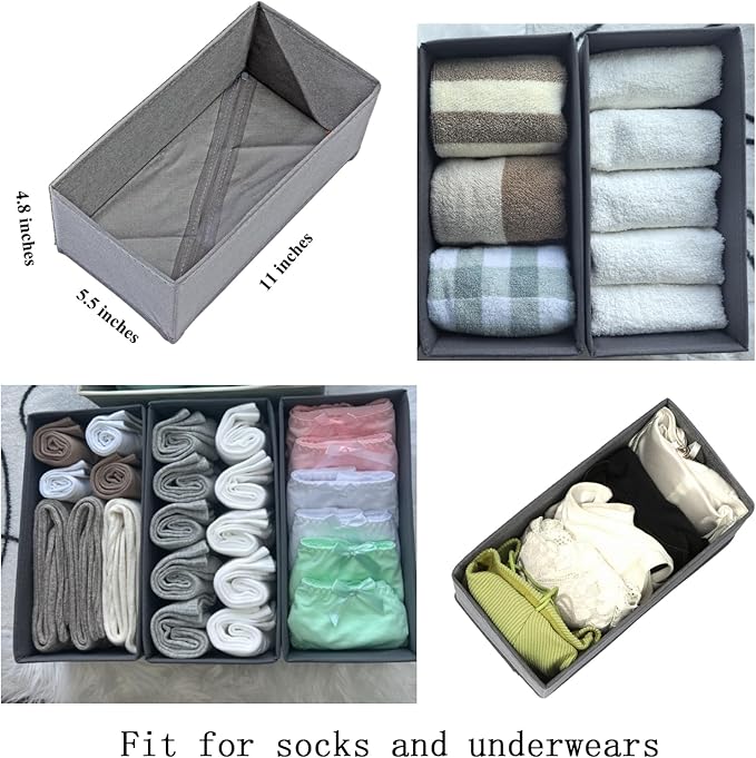 Sock Drawer Organizer Set of 3 Pack Gray, 11' Small Collapsible Fabric Underwear Dividers, Closet Foldable Dresser Storage Bins for Clothing