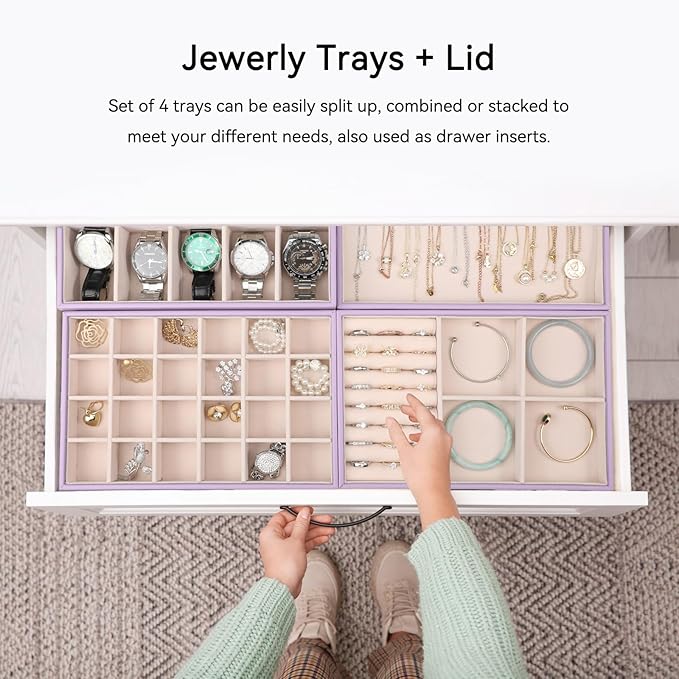 Voova Stackable Jewelry Organizer Tray with Lid, PU Leather Jewelry Storage Holder for Drawer Inserts, Jewellery Display Box Case for Earring Necklace Ring Watch Bracelet (Set of 4, Lavender)
