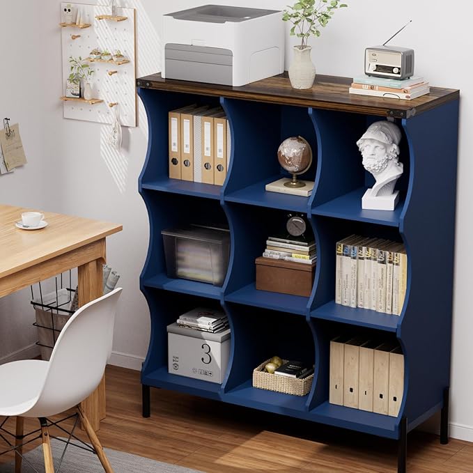9 Cube Storage Shelf Organizer, Low Book Shelf Bookcase Entryway Table, Wood Closet Storage Display Cabinet TV Stand for Living Room, Office,Bedroom, Dorm, Blue with Natural Top