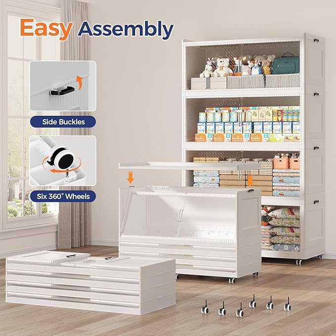 320GAL Extra Large Storage Bins with Lid, 1280QT Collapsible Organizer with Wheels, Stackable Closet Cabinet with Doors, Folding Storage Containers for Home, Office, Kitchen, 4Pack White