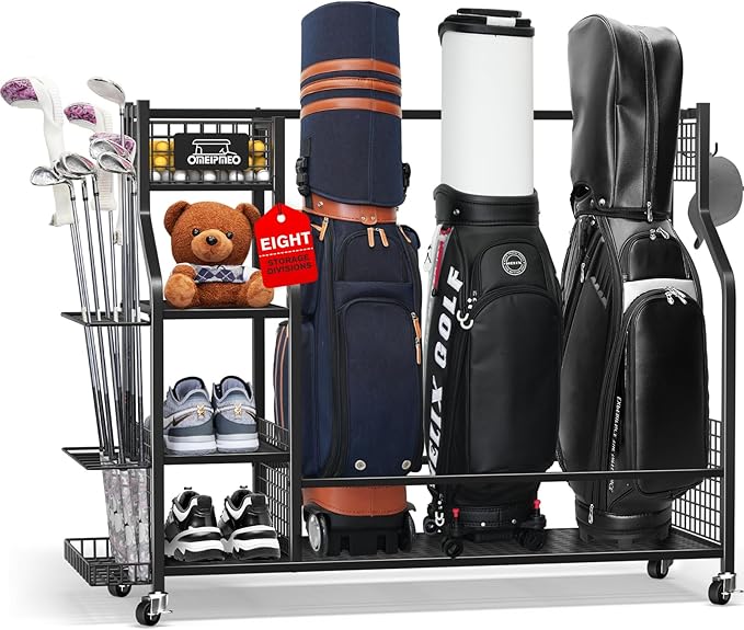 Golf Bag Storage Garage Organizer, Golf Bag Storage Stand and Other Golfing Equipment Accessories Rack, Golf Bag Storage Rack with Wheels, Golf Organizer for Home, Garage, Club, Shed, Basement