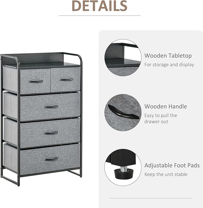 HOMCOM 5-Drawer Fabric Dresser Tower, 4-Tier Storage Organizer with Steel Frame for Hallway, Bedroom and Closet, Grey