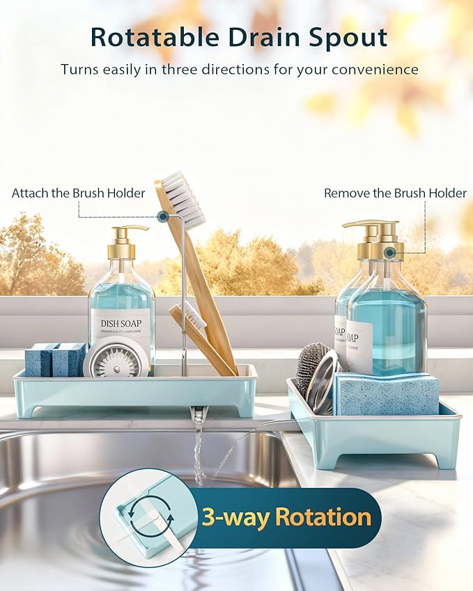 Ceramic-Look Sink Caddy, Rustproof Sponge Holder for Kitchen Sink with 304 Stainless-Steel Brush Holder, Countertop Rack Organizer with Raised Ridges & Silicone Drain Tube (Pastel Blue)