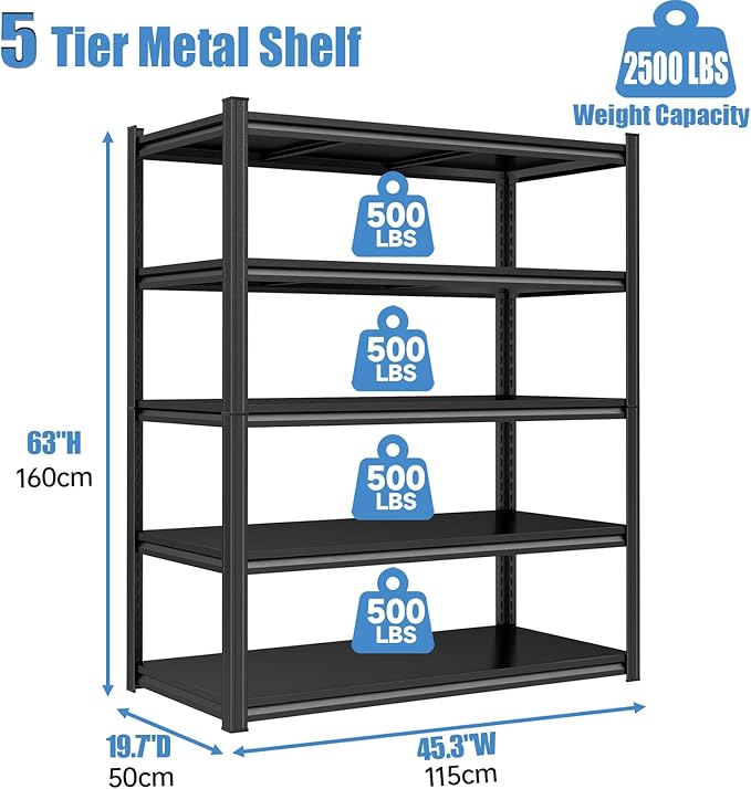 Garage Storage Shelves,5 Tier Shelving Unit, 40 inch Wide, 18” Deep, 78” Tall Organizer Metal Shelf for Basement/Laundry/Pantry Heavy Duty, Adjustable,Easy to Install (5Tier-45.3"Wx19.7"Dx63"H)