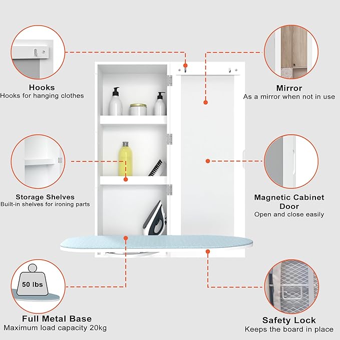 Wall Mount Ironing Board Cabinet, Built in Swivel Ironing Board Folding with Storage & Mirrored Door, White
