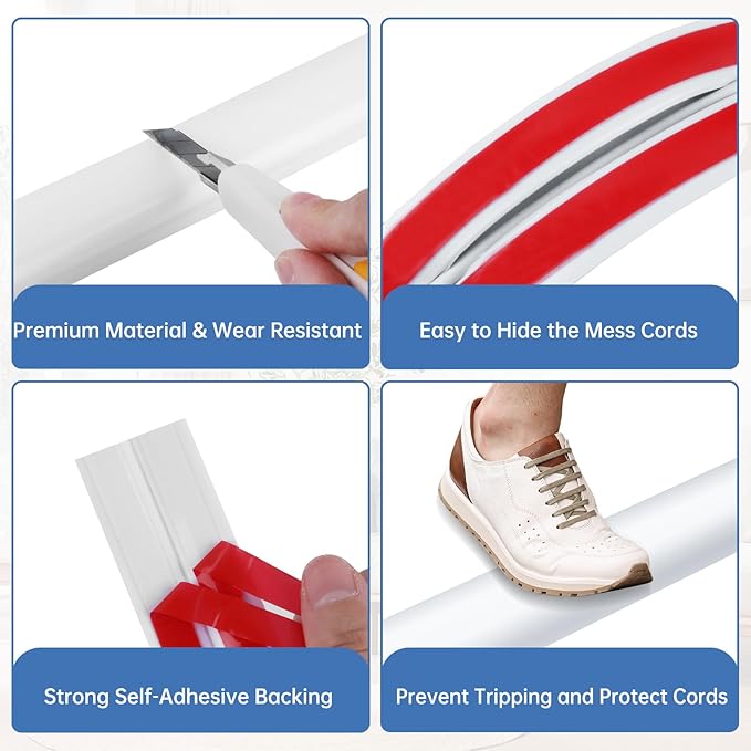 Floor Cord Cover Self Adhesive Cord Hider Floor Extension Cord Covers for Floor Power Cord Protector Cable Management Prevent Cable Trips Cable Cavity 0.32" W x 0.32" H (White, 3.3Ft)
