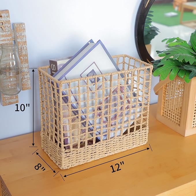 YRMT Magazine Holder Paper Rope Woven Storage Basket for Magazines, Newspapers, Books Decorative Folder Organizer Bin for Home Office