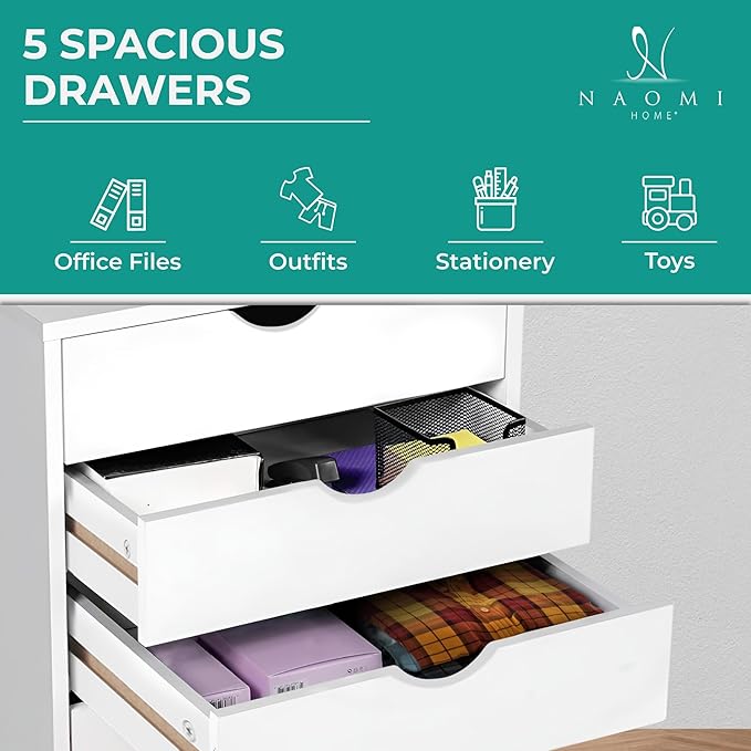 Naomi Home Taylor 5 Drawer Chest, Wood Storage Dresser Cabinet with Wheels, Craft Storage Organization, Makeup Drawer Unit for Closet, Office File Cabinet 180 lbs Total Capacity - White