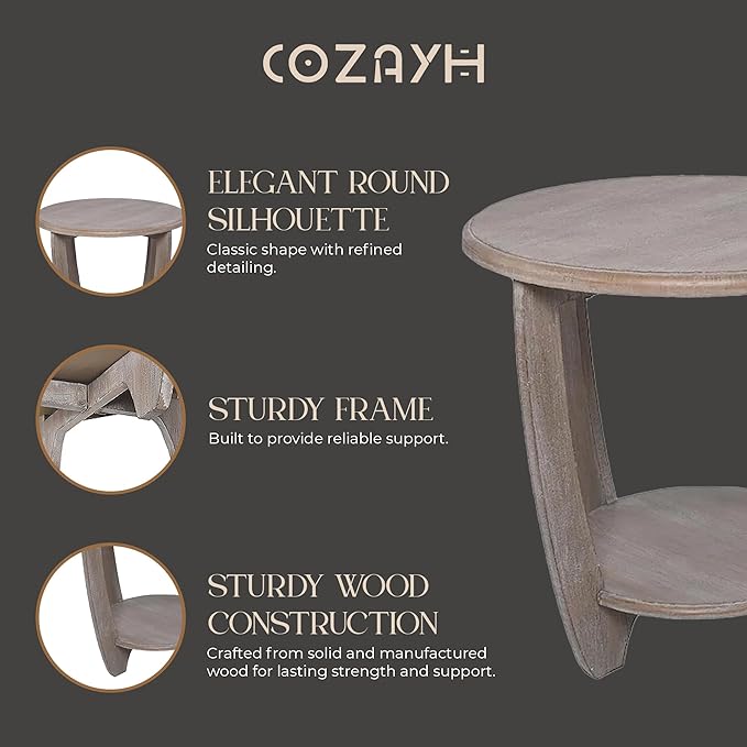 COZAYH Rustic Farmhouse End Table with Storage Shelf, French Country Modern Round Accent Side Table for Small Spaces, Vintage Grey Finish