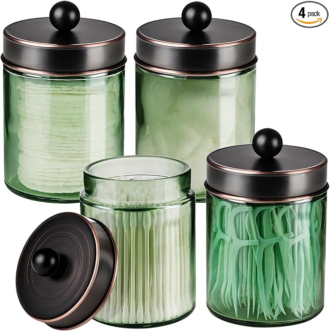 Amolliar Sage Green Qtip Holder, Glass Apothecary Jar Metal Lid & Stickers, Bathroom Qtip Holder Storage Canister, Farmhouse Decor for Cotton Balls, Swabs, Makeup Pads, Bath Salt, Floss, ORB 4 Pack