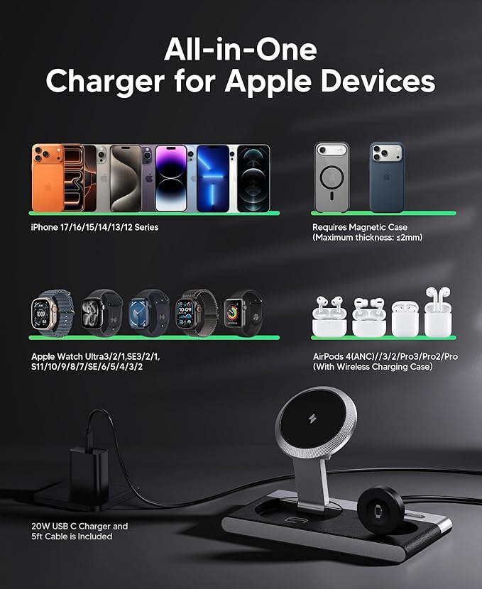 Foldable 3 in 1 Magnetic Wireless Charging Station for Apple Devices, Leather-Like Fast Wireless Charger Dock with Night Light for Magsafe iPhone 17/16/15/14/13/12 Series, Apple Watch, AirPod