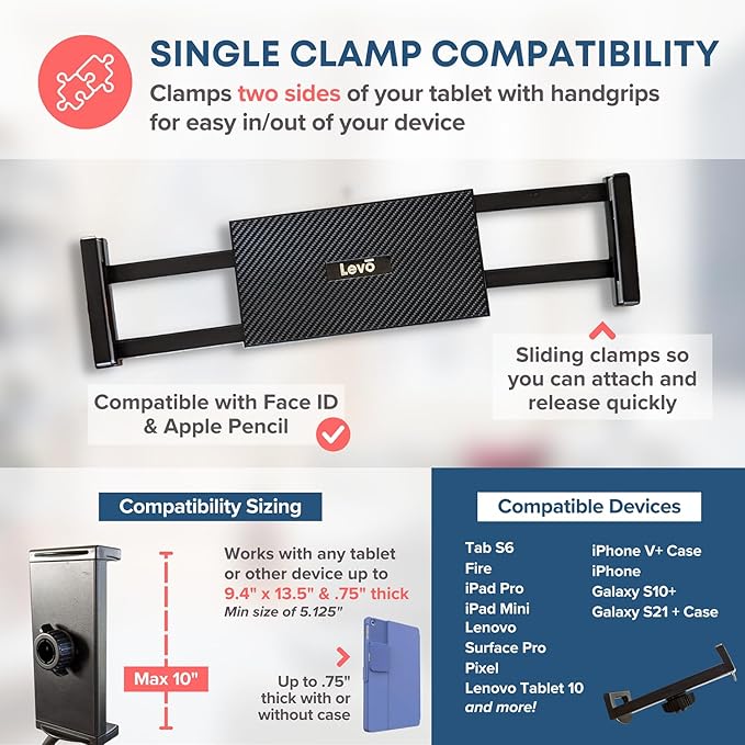 LEVO Adjustable Height Floor Stand on Wheels for Tablet & Phone - Gooseneck Holder Mount with Stable Base - Compatible with All Cell Phones & Tablets (4-13 inch) - Black with Casters