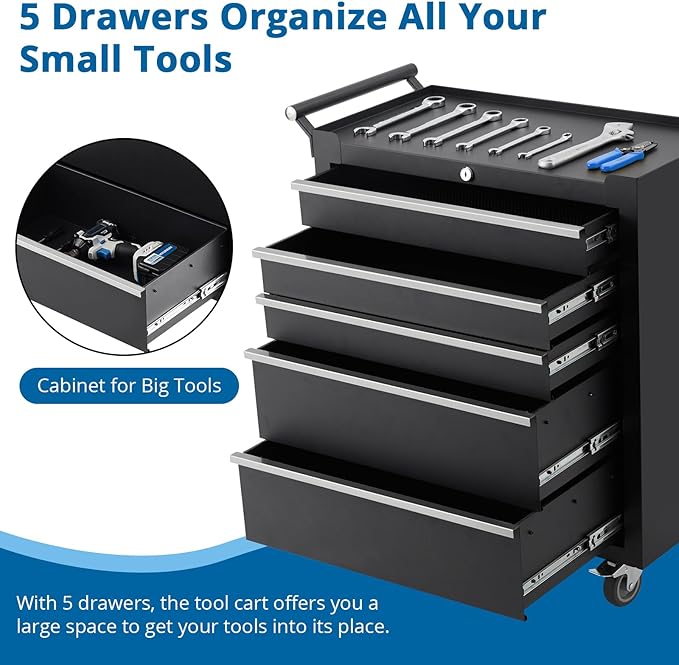 5-Drawer Rolling Tool Chest Organizer with Lockable Wheels, Heavy-Duty Storage Cabinet with Smooth Sliding Drawers, Protective Liner & Side Handle, Ideal for Garage, Workshop, Warehouse, Black