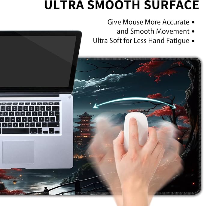 Japanese Full Moon Large Mouse Pad,Gaming Keyboard Desk Pad,Extended Mouse Mat Non-Slip Rubber Base with Stitched Edges for Office Game Home XXL 35.4"x15.7"
