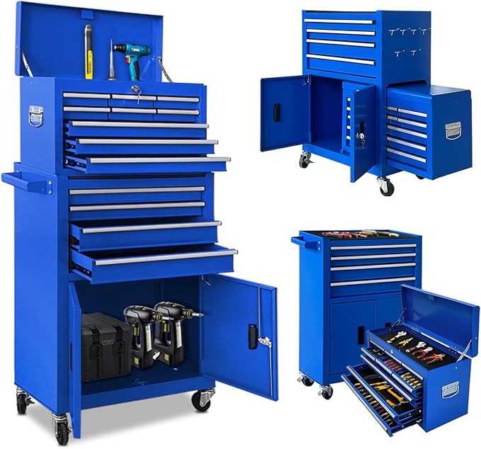 Tool Chest 13-Drawer with Double Door Handle,2 in 1 Detachable Rolling Tool Chests with Wheels and Drawers,Large Tool Box with Lock for Warehouse,Garage (Blue)