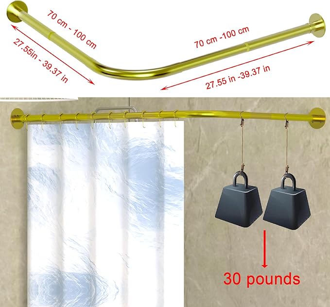 Corner Shower Curtain Rod Adjustable Stainless Steel L Shaped Rack Drill Free Install for Bathroom, Bathtub, Clothing Store (Gold 27.55"-39.37" x 47.24"- 65")